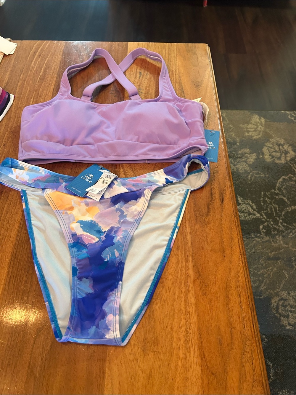 Cupshe Lavender Crossback Top with Blue-Purple Watercolor Bikini Bottom